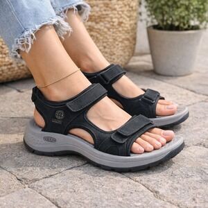 KEEN Rose City T-Strap Black Leather Sport Sandals Womens 9 Comfort Hiking Walk